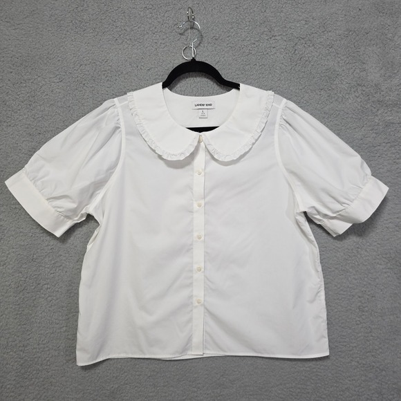 Lands' End Tops - Lands End White Cotton Blouse Peter Pan Collard Button Front Puff Sleeves Large